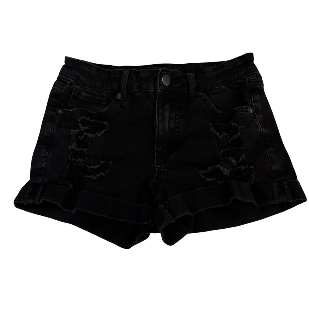 Aeropostale Denim Shorts Women 4 Black Distressed High Rise Midi Cuffed Shorts